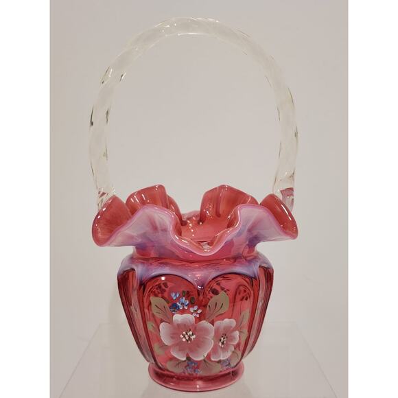 Fenton Art Glass Cranberry Opalescent Open Heart Arches BILL & GEORGE Basket - Picture 3 of 11